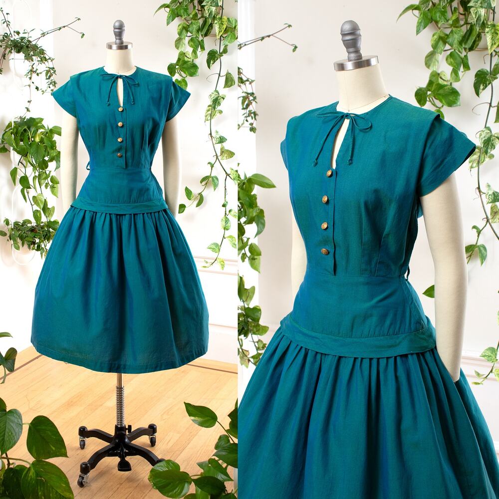 Vintage 1950s Dress 50s Teal Sharkskin Cotton Midi Fit and Flare Shirtwaist